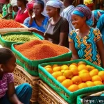다르에스살람 도시 탐방 - A vibrant street market scene in Kariakoo, Dar es Salaam, bustling with local vendors selling tropic...