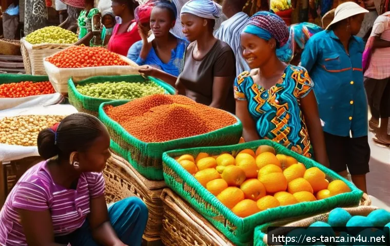 다르에스살람 도시 탐방 - A vibrant street market scene in Kariakoo, Dar es Salaam, bustling with local vendors selling tropic...