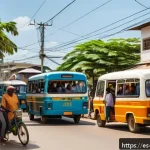 탄자니아 내륙 교통수단 정리 - A bustling urban street scene in Dar es Salaam, Tanzania, featuring colorful dala-dala minibuses pac...