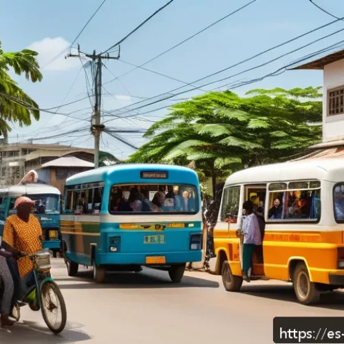 탄자니아 내륙 교통수단 정리 - A bustling urban street scene in Dar es Salaam, Tanzania, featuring colorful dala-dala minibuses pac...