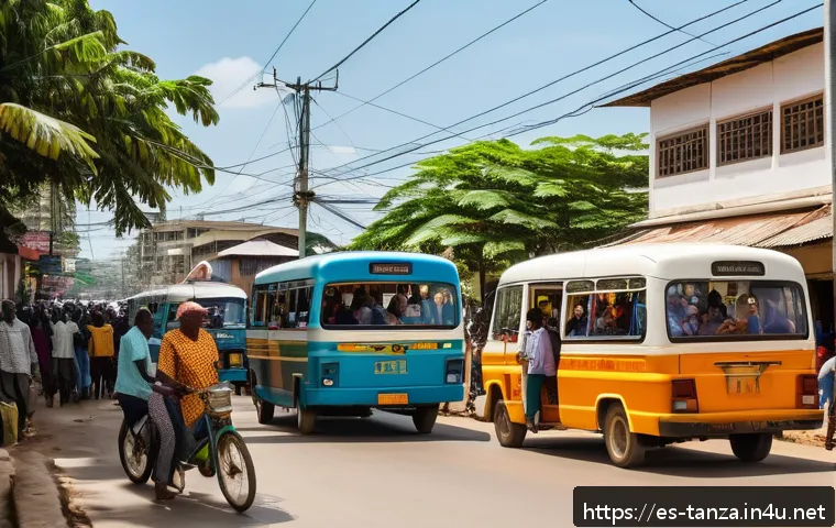 탄자니아 내륙 교통수단 정리 - A bustling urban street scene in Dar es Salaam, Tanzania, featuring colorful dala-dala minibuses pac...