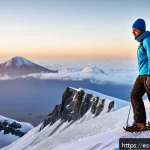 킬리만자로 산 등반 장비 - A detailed image of a hiker climbing Mount Kilimanjaro at dawn, dressed in appropriate layered cloth...