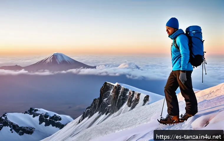 킬리만자로 산 등반 장비 - A detailed image of a hiker climbing Mount Kilimanjaro at dawn, dressed in appropriate layered cloth...