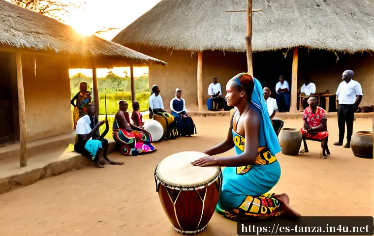 Home 17 탄자니아의 전통 음악과 춤 - Photorealistic Tanzanian traditional music performance at sunset, a skilled adult musician seated ou...