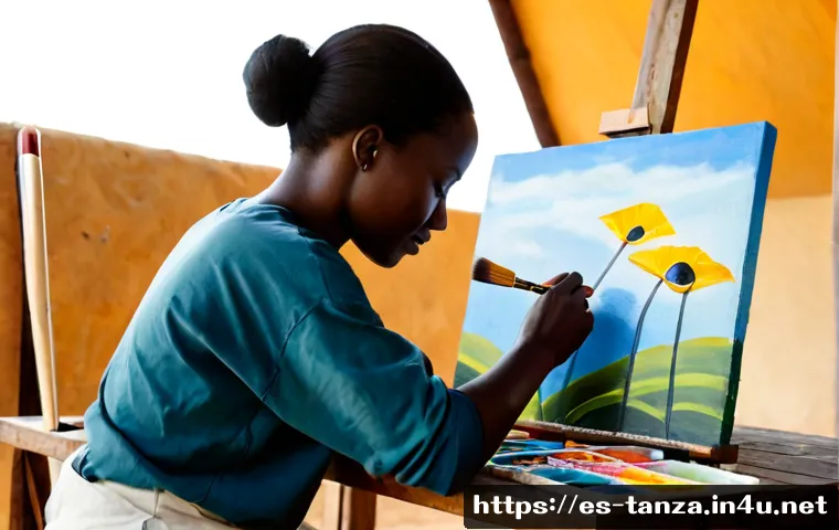 탄자니아 예술가 및 음악가 소개 - Photorealistic documentary-style portrait of a Tanzanian visual artist painting a vivid abstract can...